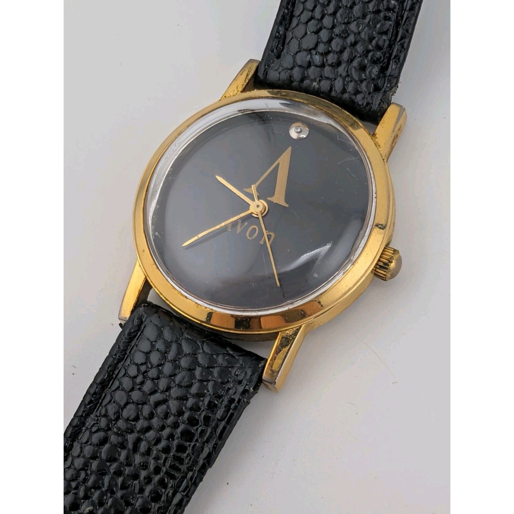 Vintage Avon Men's Watch 32mm‎ Gold Case Black Leather Band- New Battery